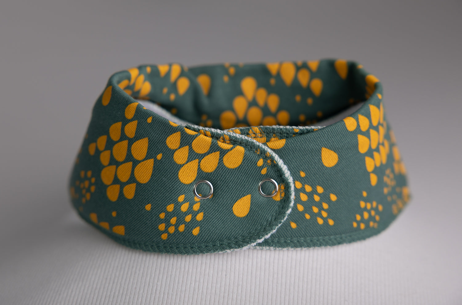 Teal with mustard raindrops organic cotton DribbleBoo bandana bib