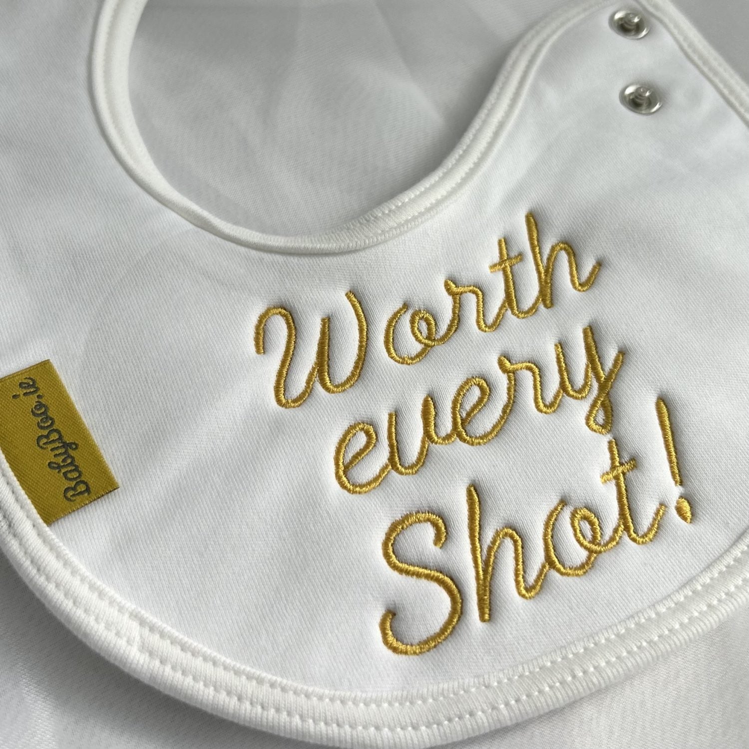 Worth every Shot! organic cotton LittleBoo newborn bib