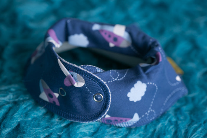Blue Fly away aeroplanes organic cotton DribbleBoo bandana bib