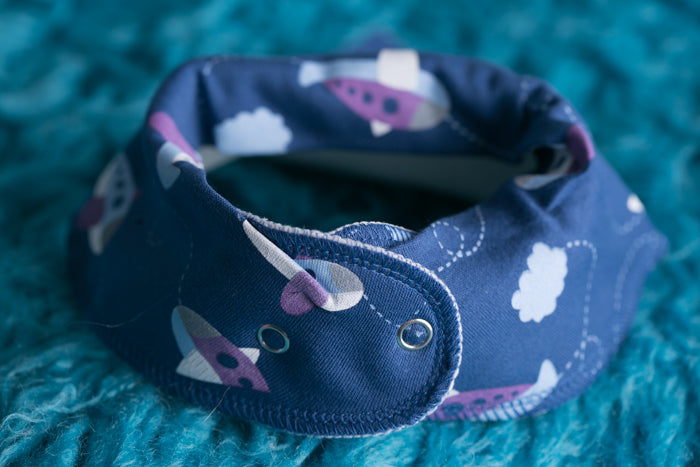 Blue Fly away aeroplanes organic cotton DribbleBoo bandana bib
