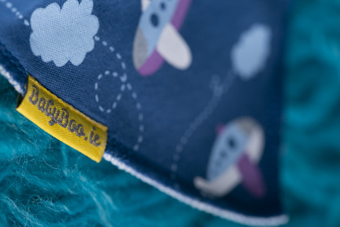Blue Fly away aeroplanes organic cotton DribbleBoo bandana bib