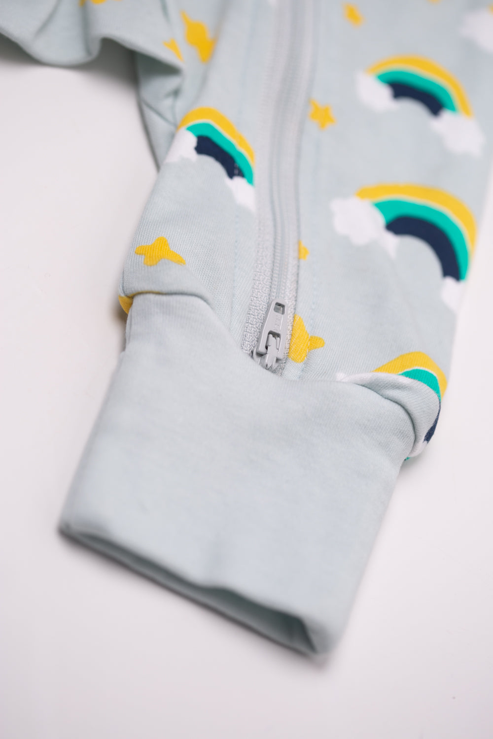 Aqua rainbows with navy organic cotton ZippyBoo suit