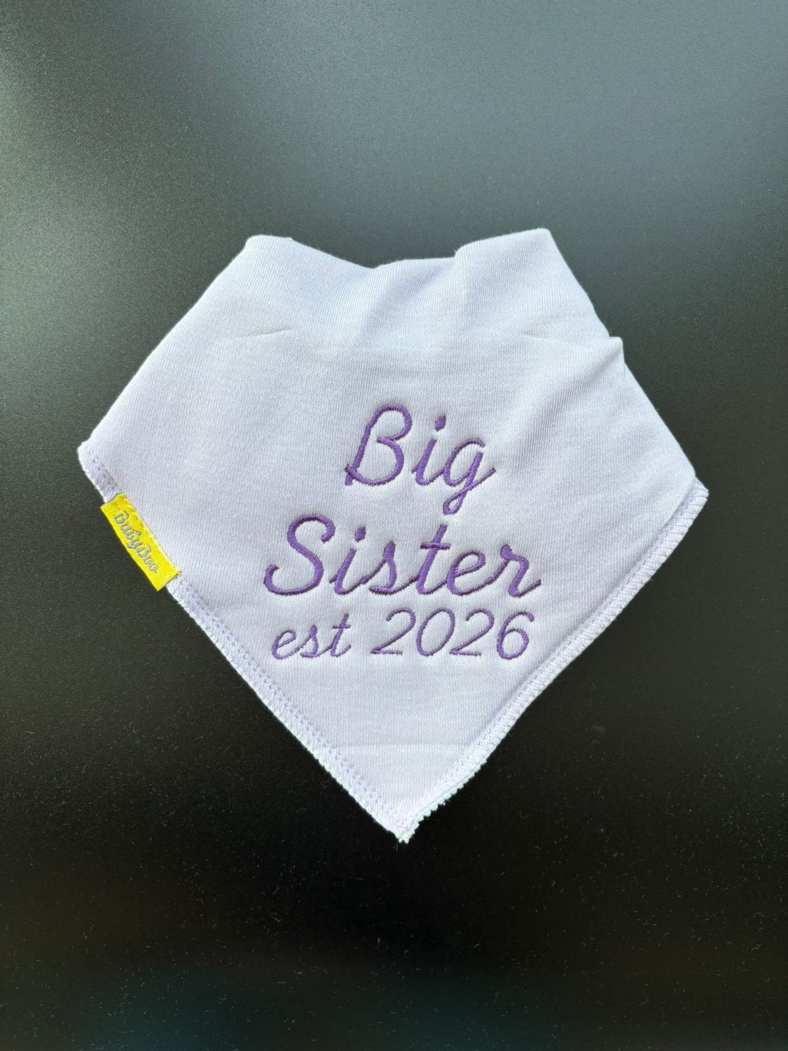 Big Sister est 2026 organic cotton DribbleBoo bandana bib