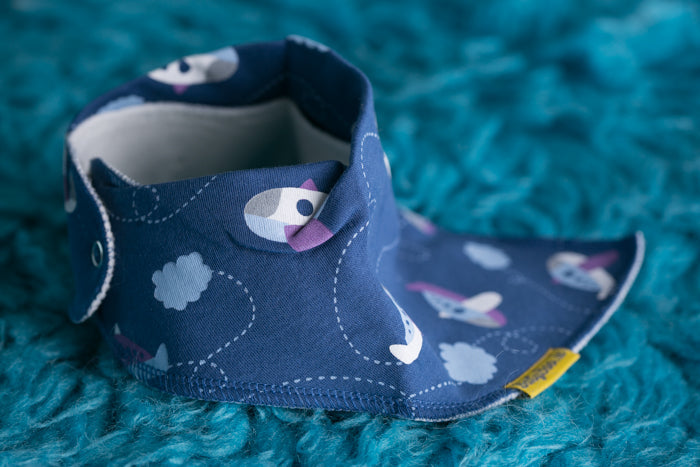 Blue Fly away aeroplanes organic cotton DribbleBoo bandana bib