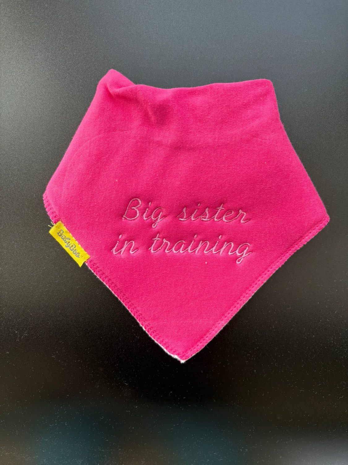 Big Sister in training organic cotton DribbleBoo bandana bib