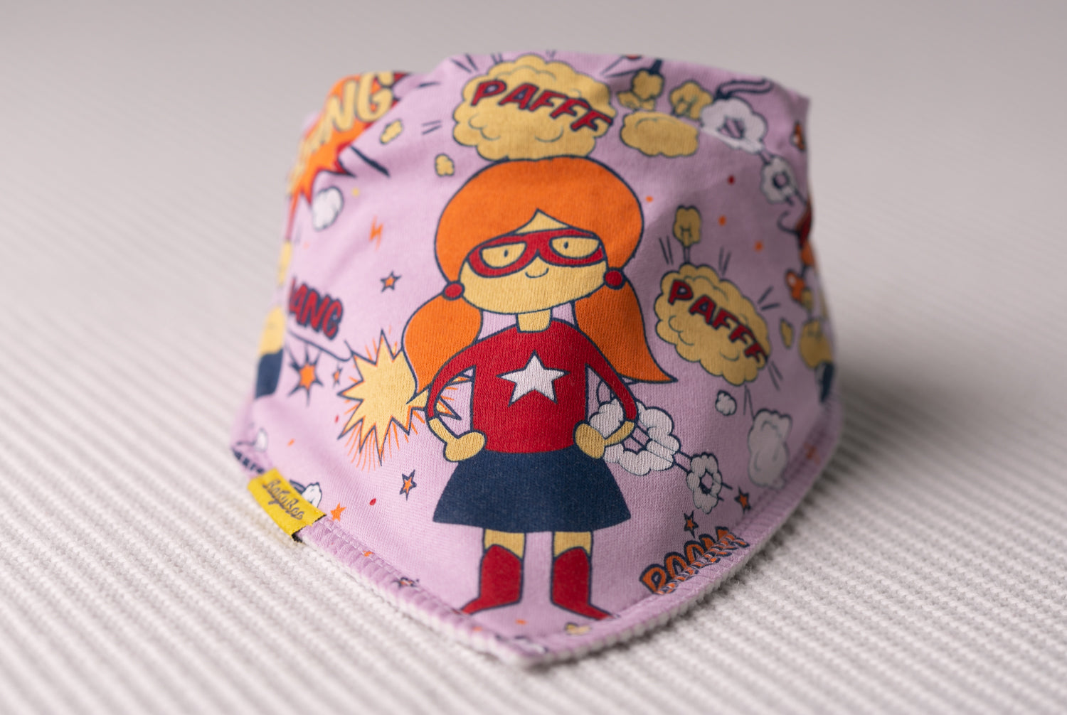 Lilac superhero Aoife organic cotton DribbleBoo bandana bib