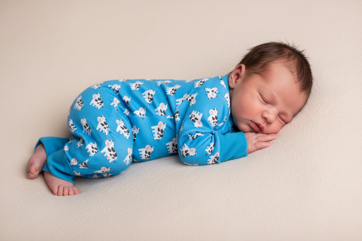 Blue Bessie Cow organic cotton ZippyBoo suit