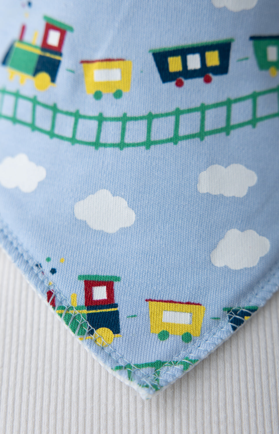 Choo choo trains baby blue organic cotton DribbleBoo bandana bib