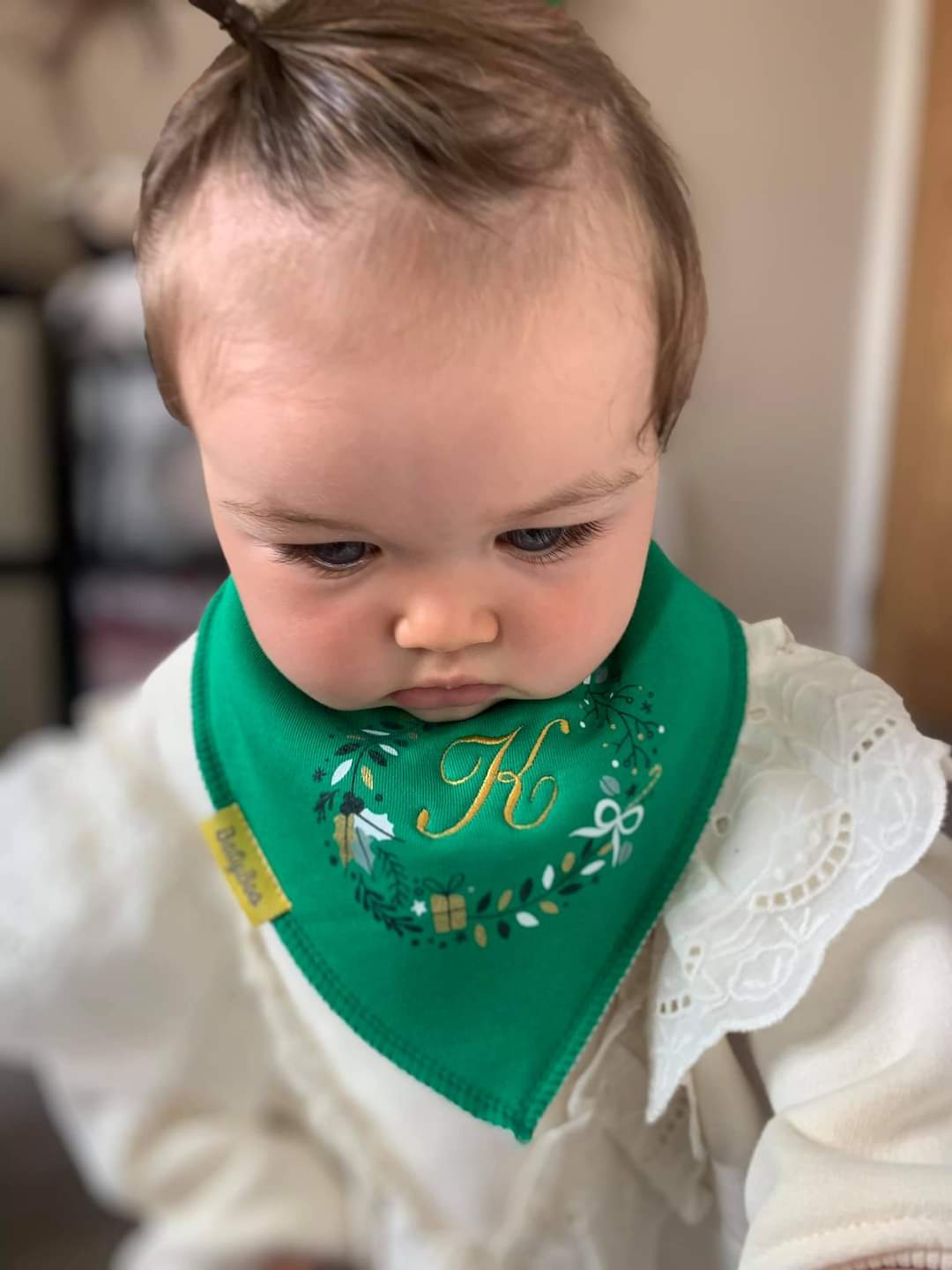 Personalised holly wreath organic cotton DribbleBoo bandana bib