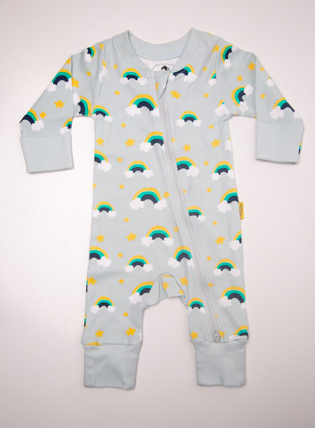 Aqua rainbows with navy organic cotton ZippyBoo suit
