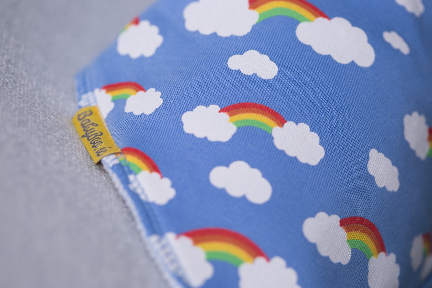 Blue rainbows and clouds organic cotton DribbleBoo bandana bib