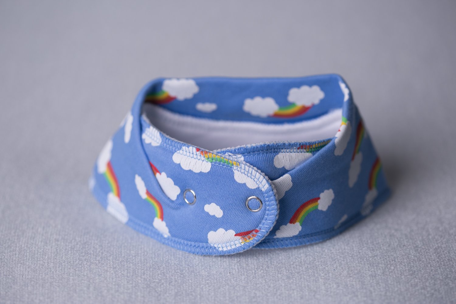 Blue rainbows and clouds organic cotton DribbleBoo bandana bib