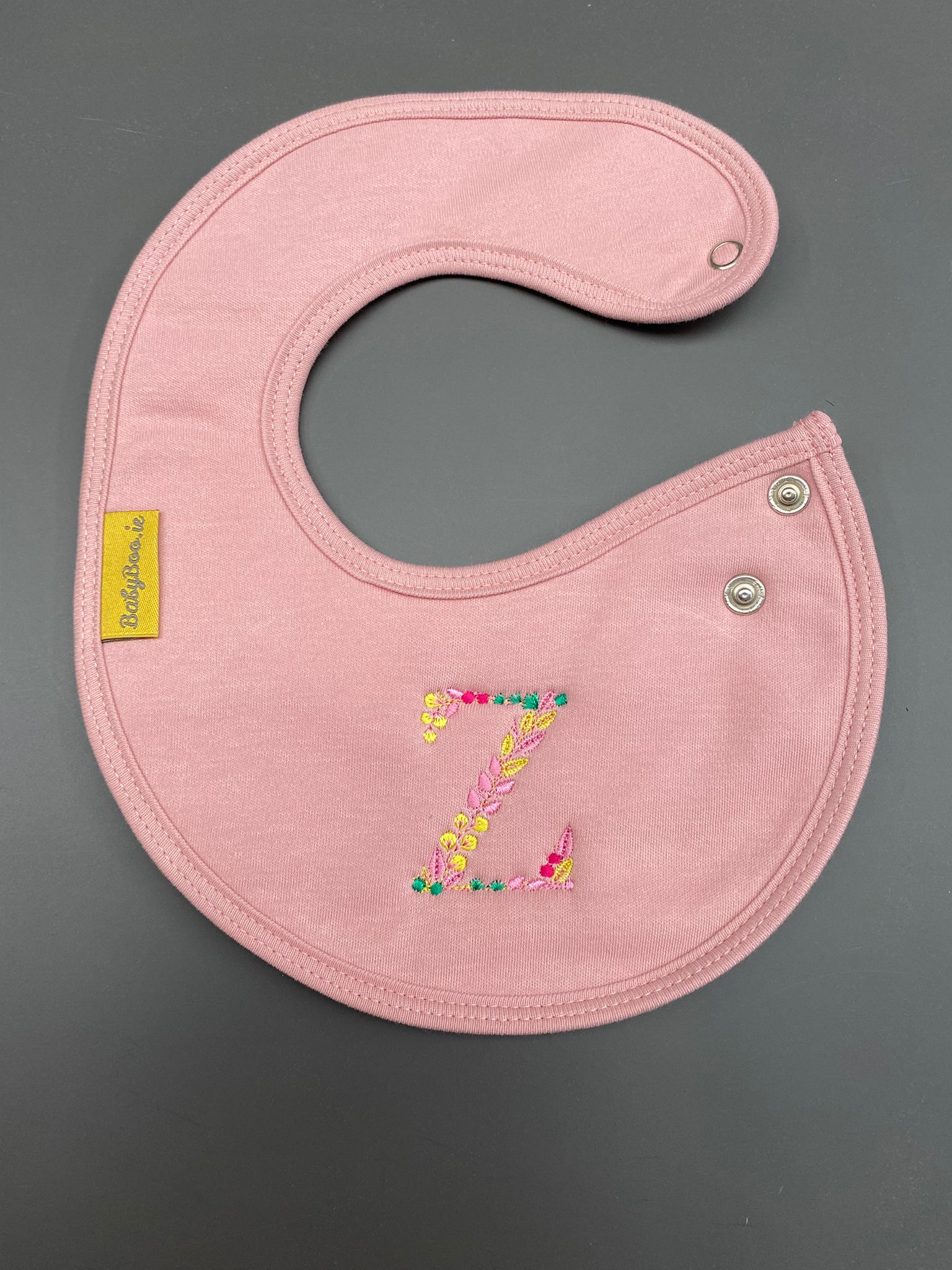 Floral Letter organic cotton LittleBoo newborn bib