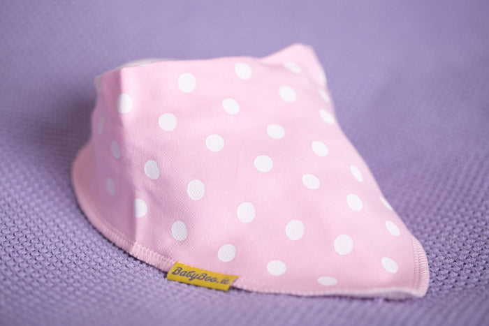 Pink with white polka organic cotton DribbleBoo bandana bib
