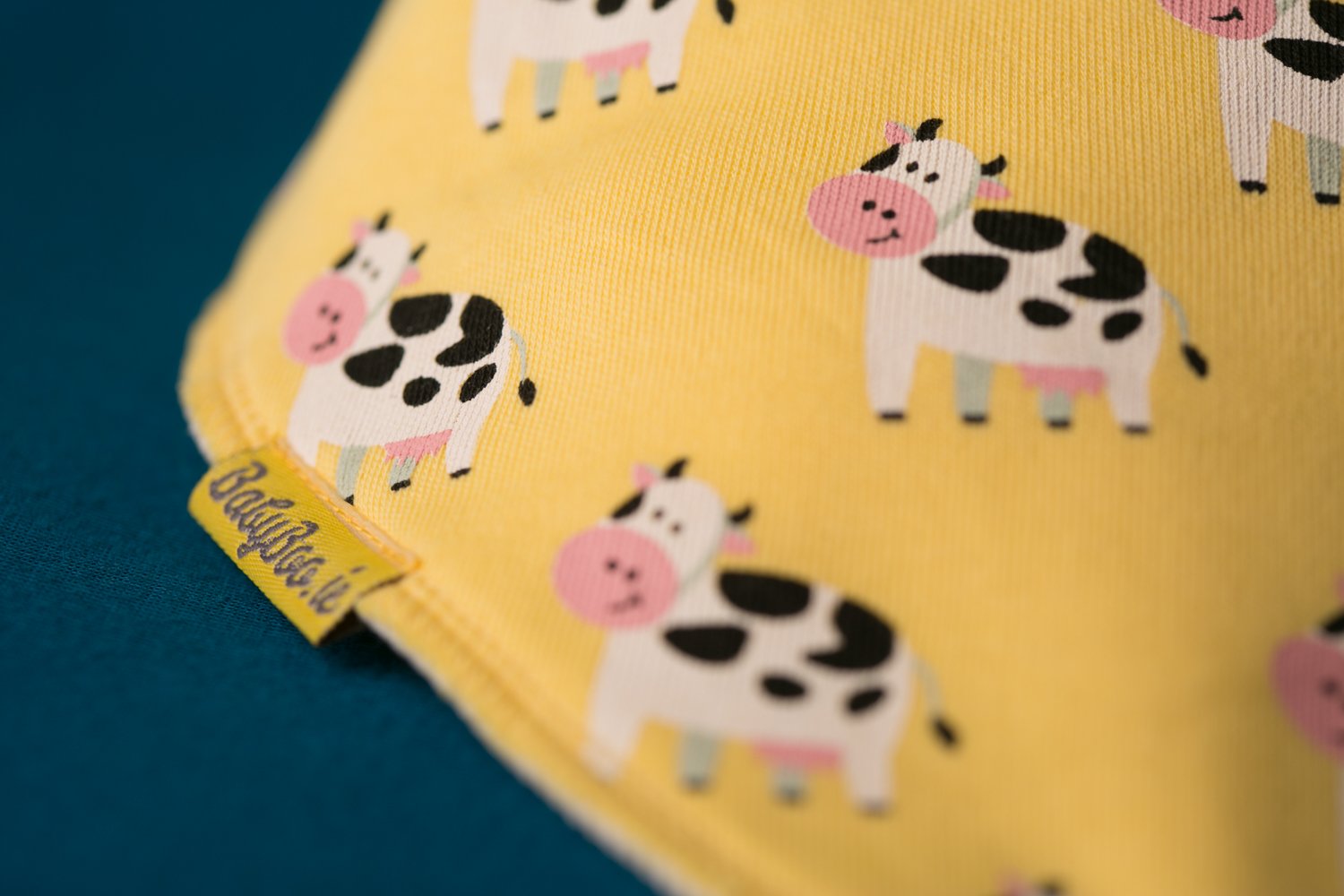 Lemon Bessie cow organic cotton DribbleBoo bandana bib