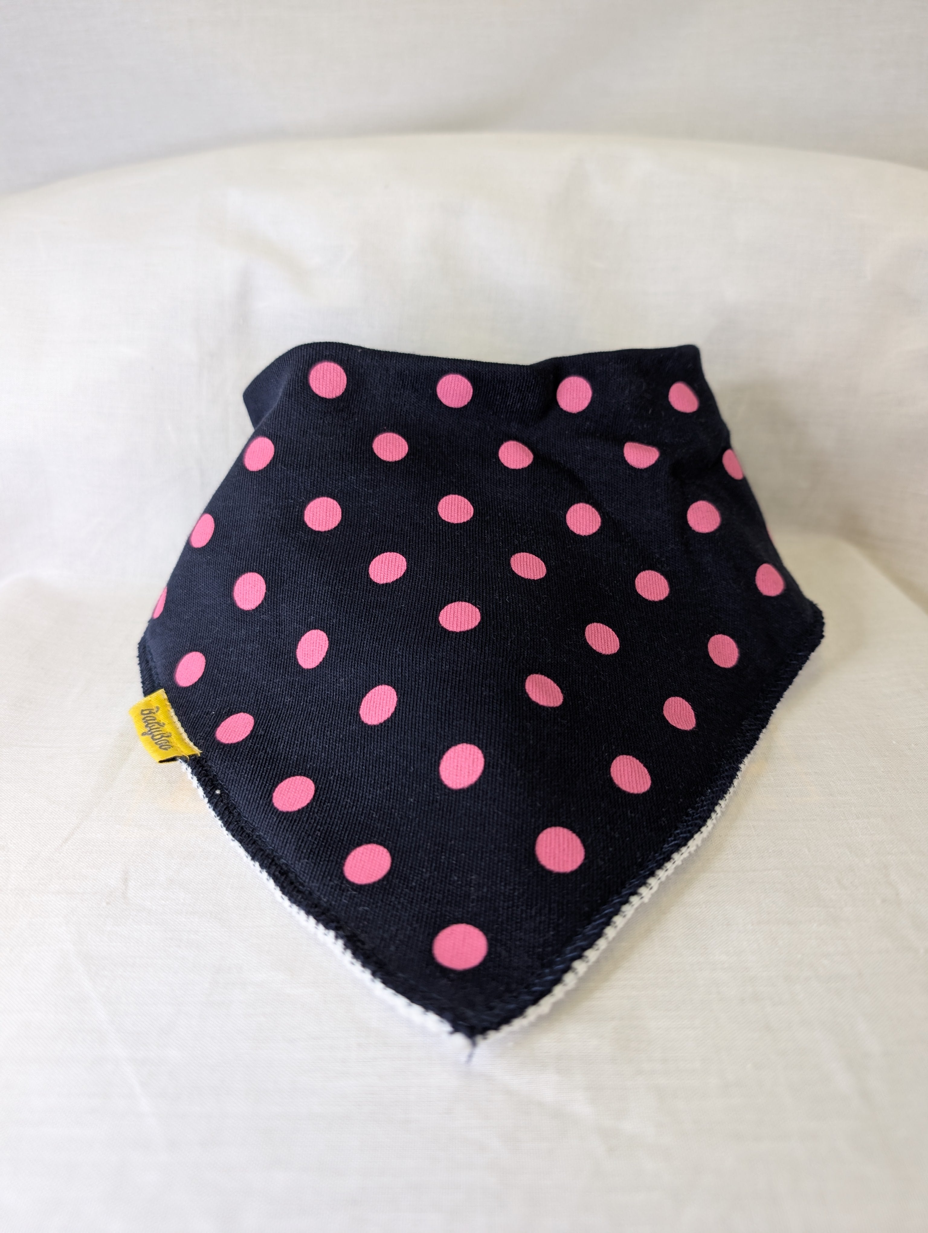Navy with pink polka organic cotton DribbleBoo bandana bib