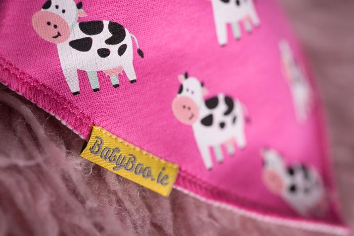 Pink bessie cow organic cotton DribbleBoo bandana bib