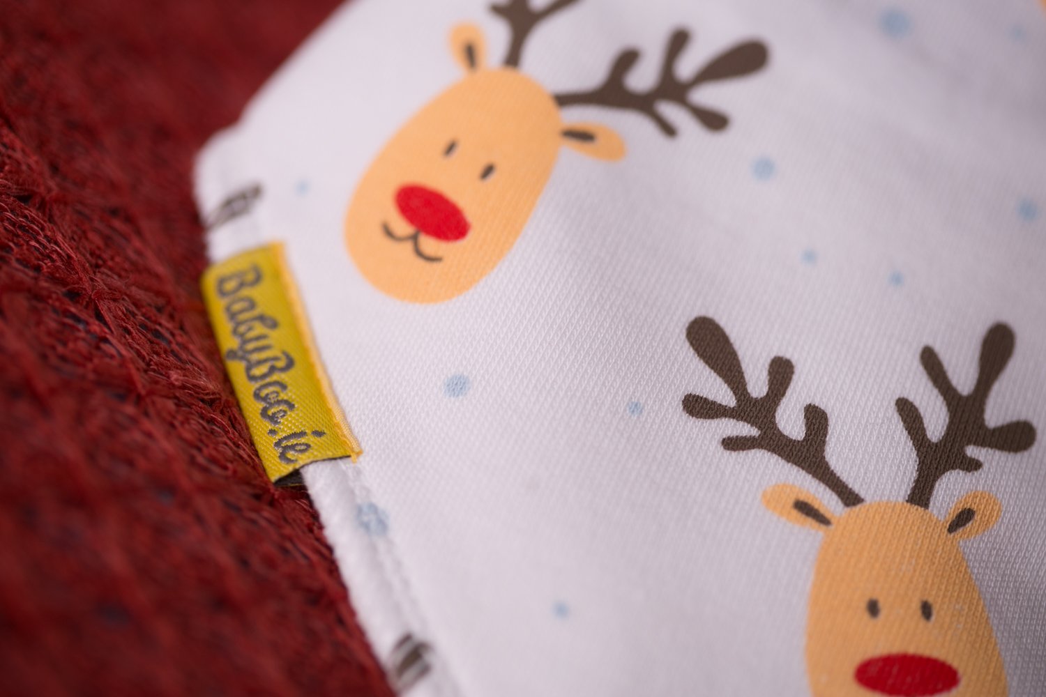 White reindeer everywhere organic cotton DribbleBoo bandana bib