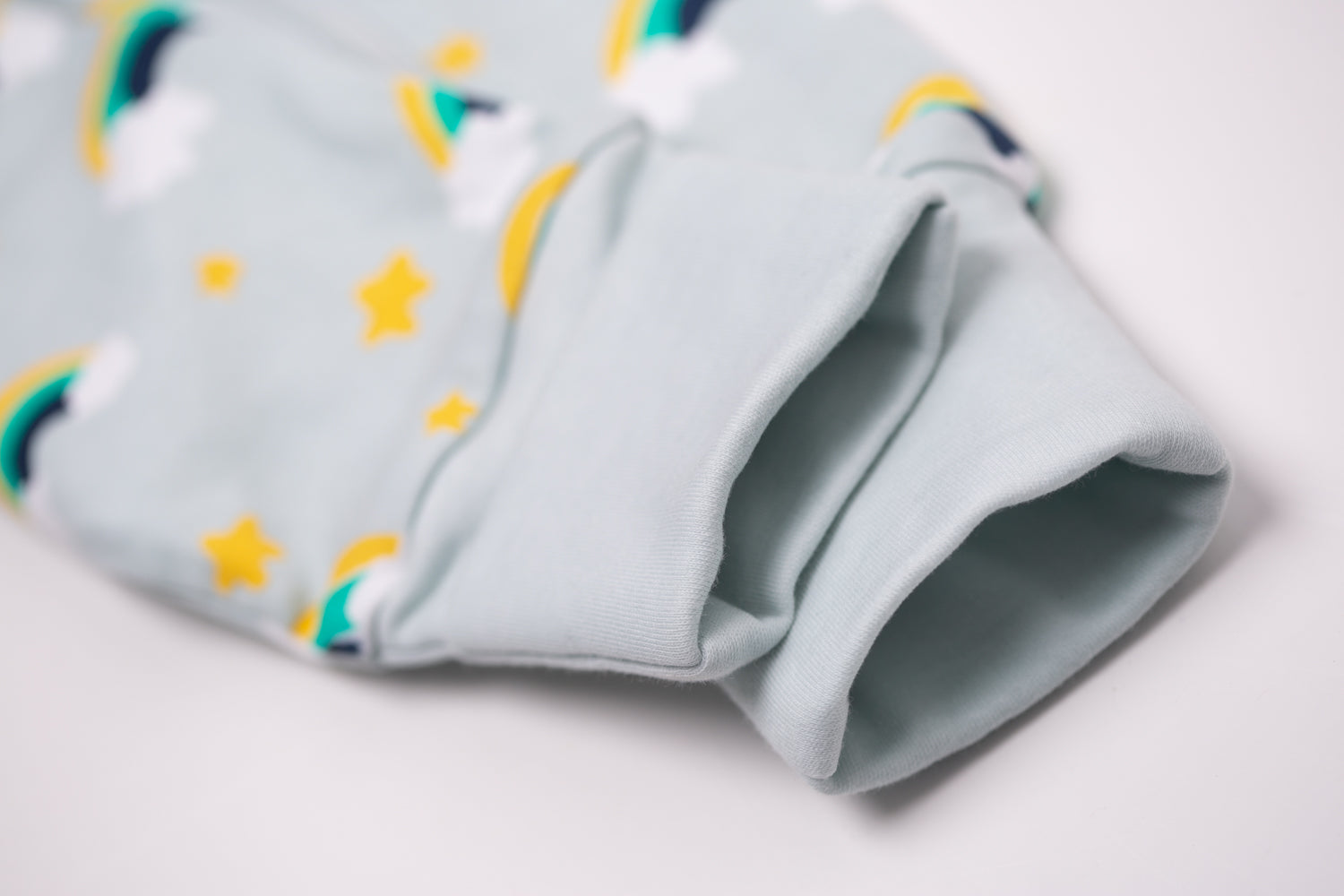 Aqua rainbows with navy organic cotton ZippyBoo suit