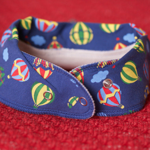 Float away navy hot air balloons organic cotton DribbleBoo bandana bib