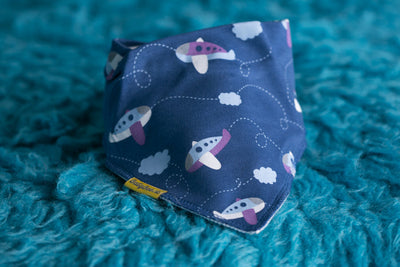 Blue Fly away aeroplanes organic cotton DribbleBoo bandana bib