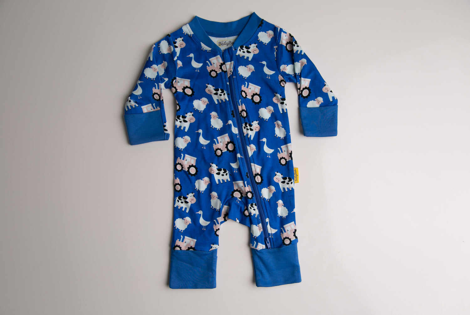 Blue Farmyard organic cotton ZippyBoo suit