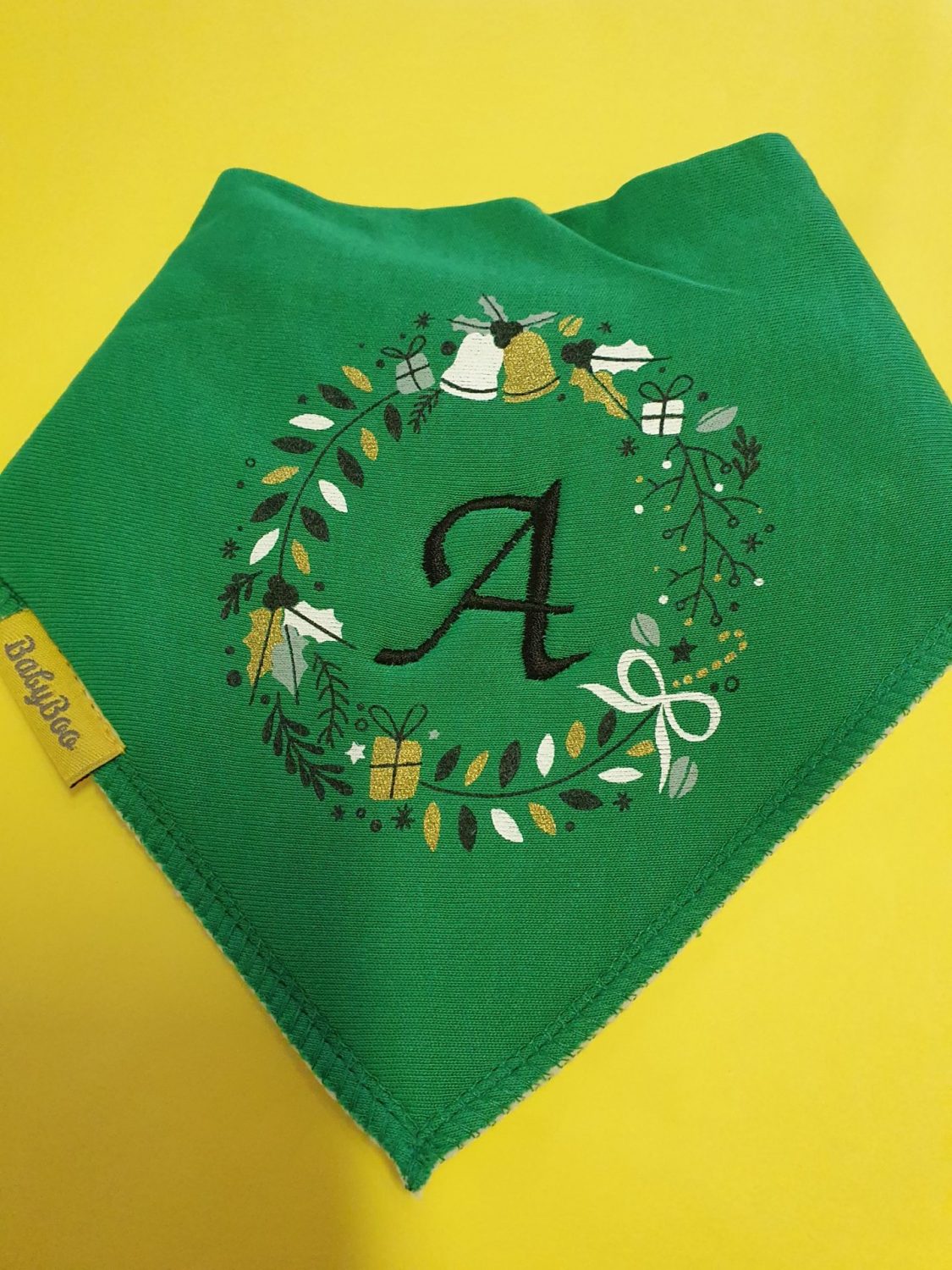 Personalised holly wreath organic cotton DribbleBoo bandana bib