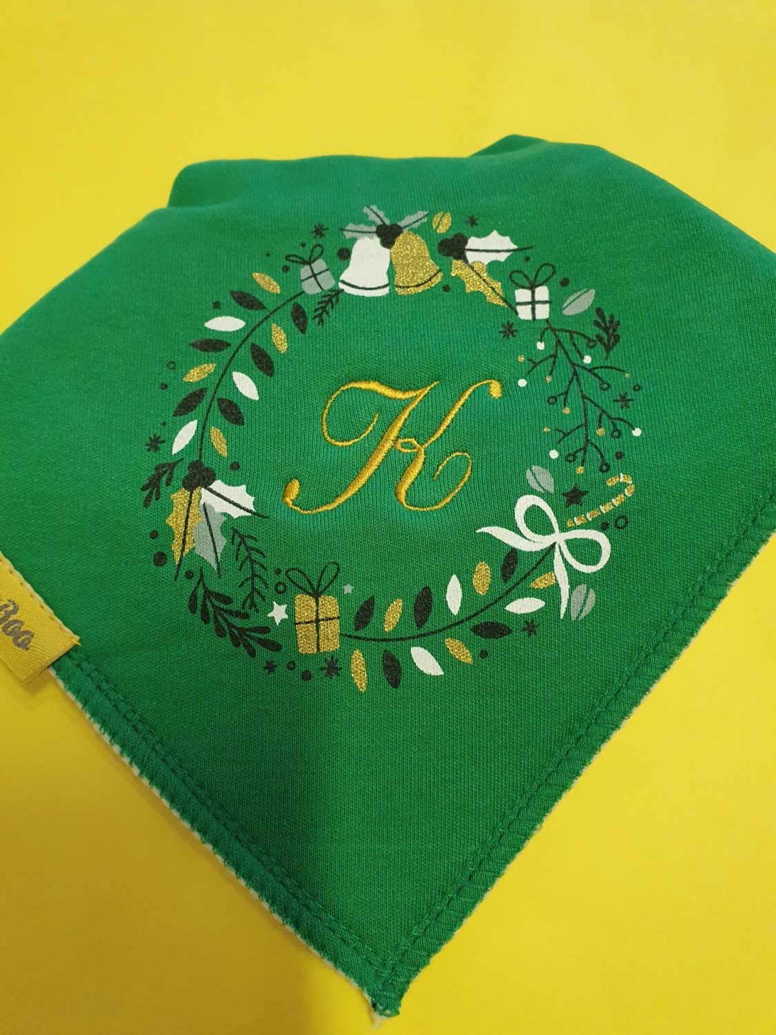 Personalised holly wreath organic cotton DribbleBoo bandana bib