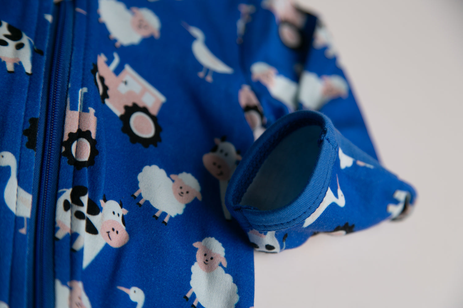 Blue Farmyard organic cotton ZippyBoo suit