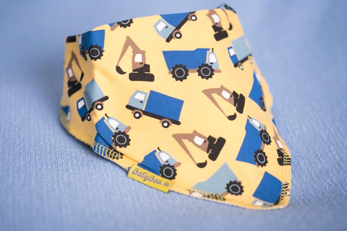 Yellow trucks and diggers organic cotton DribbleBoo bandana bib