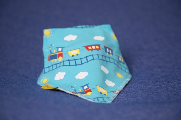 Choo choo trains turquoise organic cotton DribbleBoo bandana bib