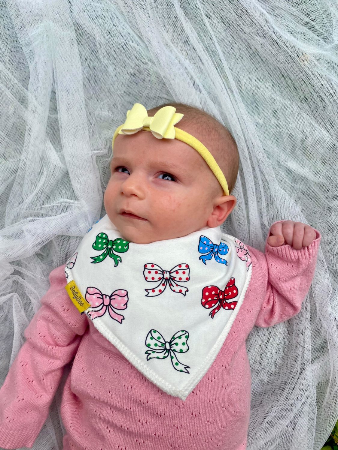 Cream ribbons organic cotton DribbleBoo bandana bib