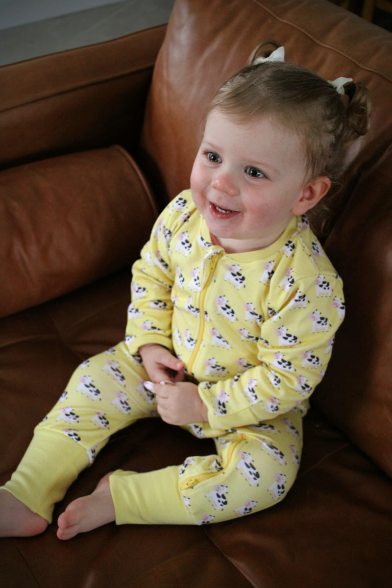 Lemon Bessie Cow organic cotton ZippyBoo suit