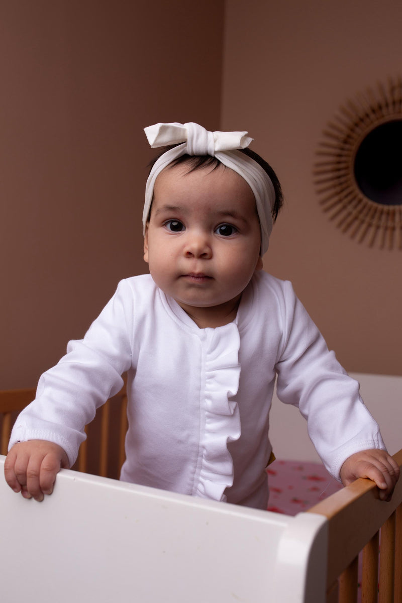 White ruffle organic cotton ZippyBoo suit