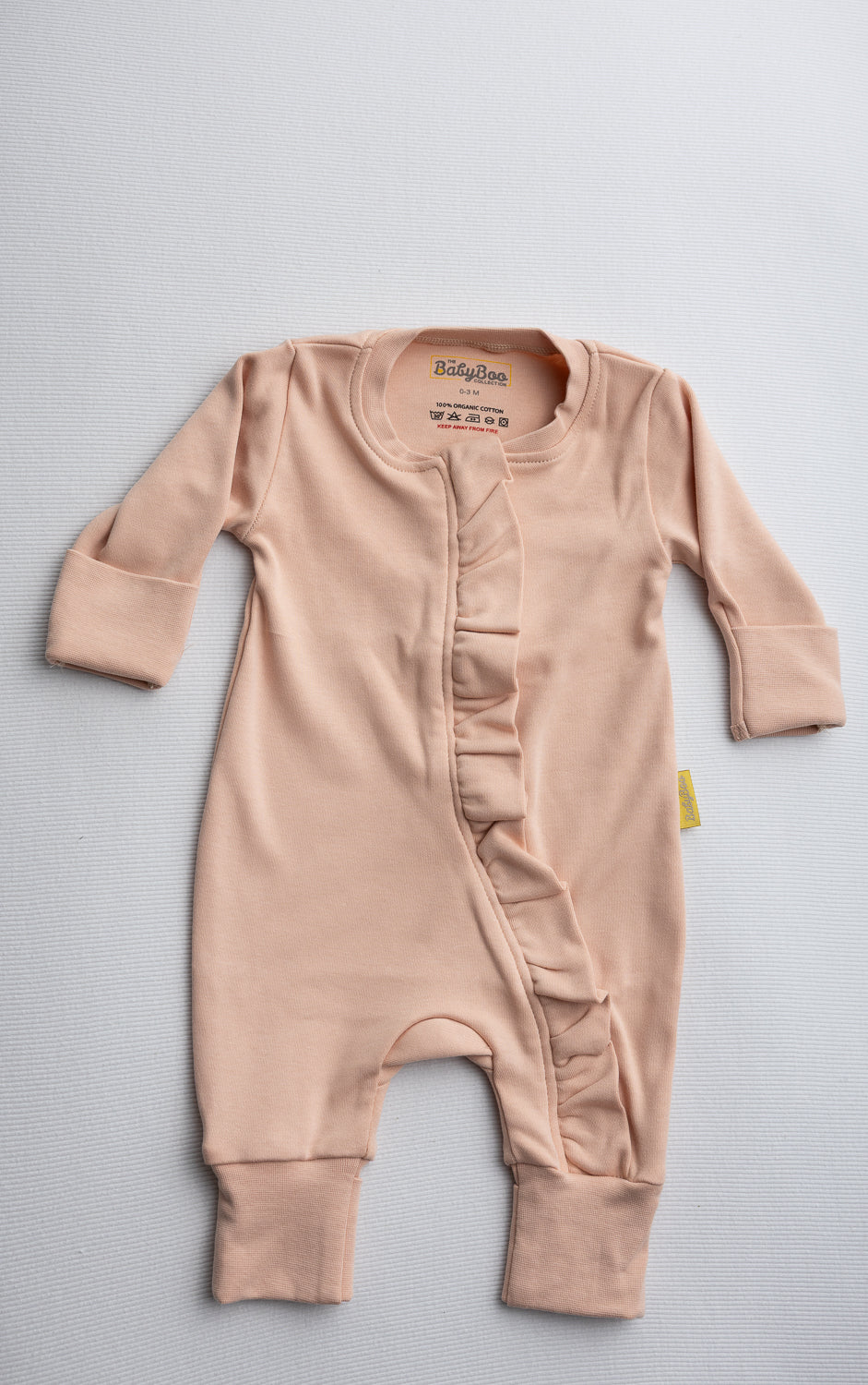 Peach ruffle organic cotton ZippyBoo suit