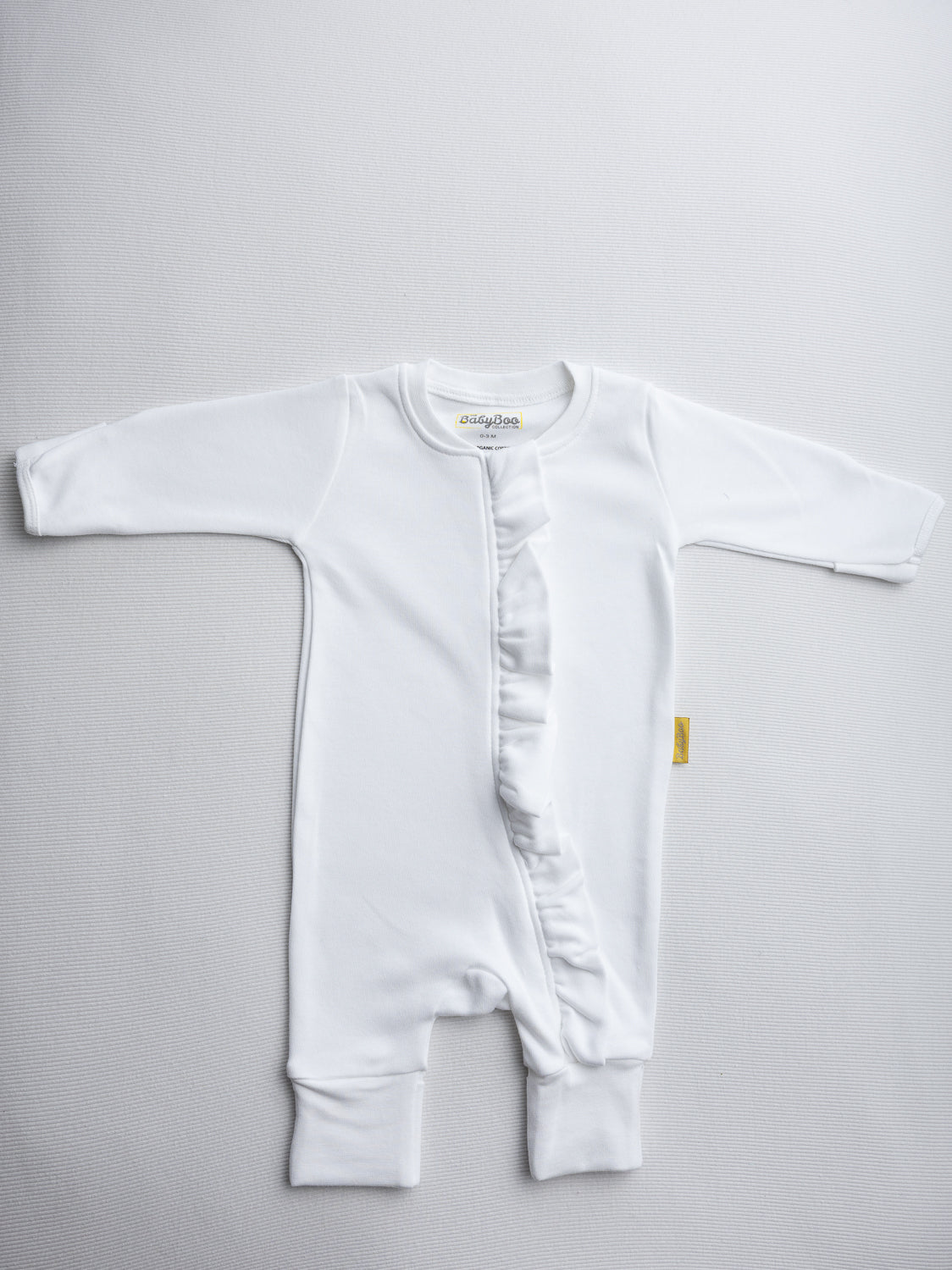White ruffle organic cotton ZippyBoo suit