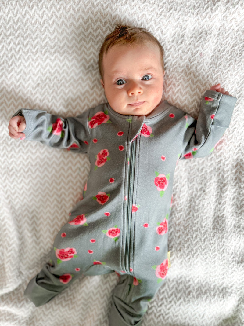 Grey roses organic cotton ZippyBoo suit