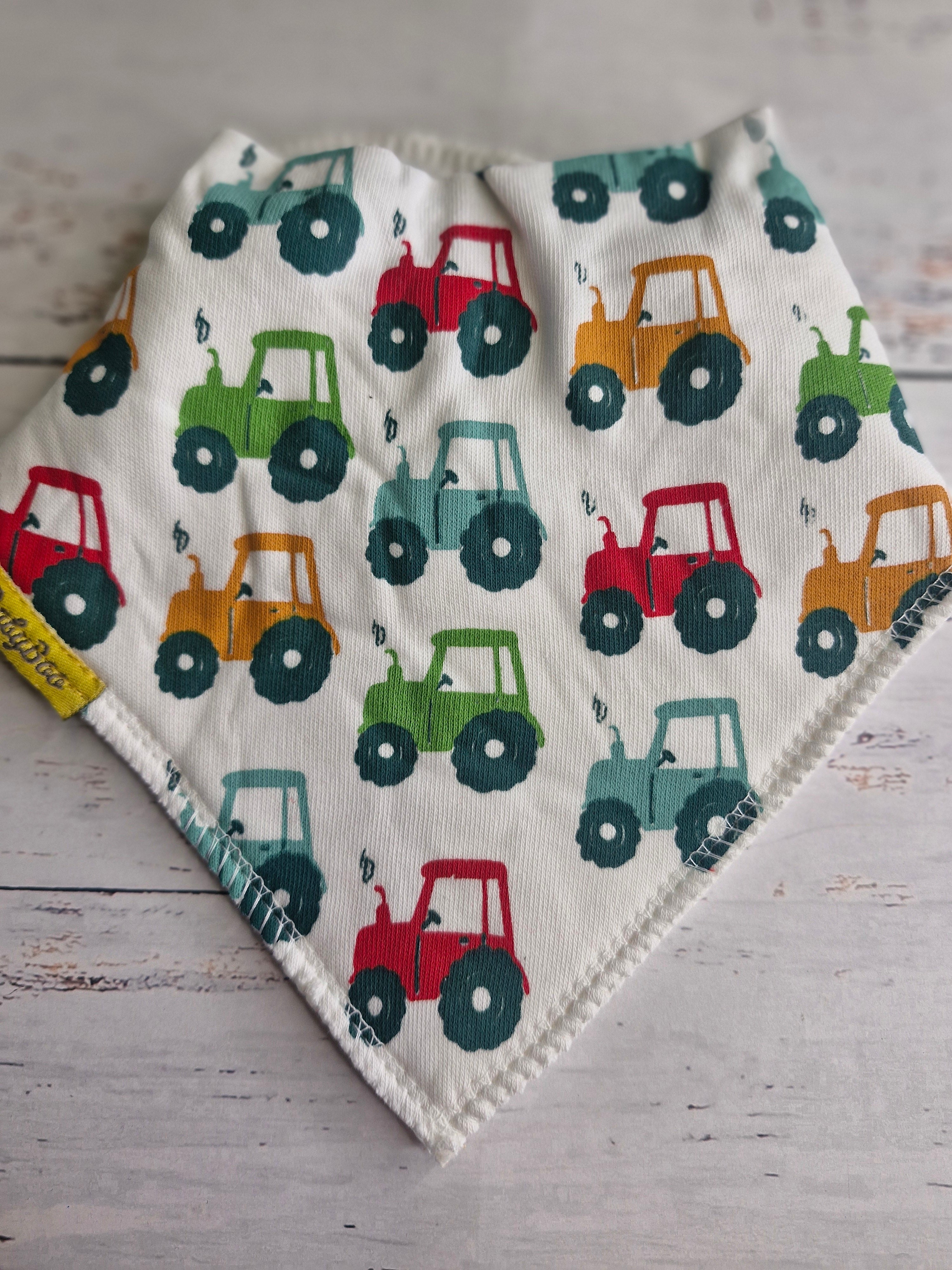 Tractor run white organic cotton DribbleBoo bandana bib