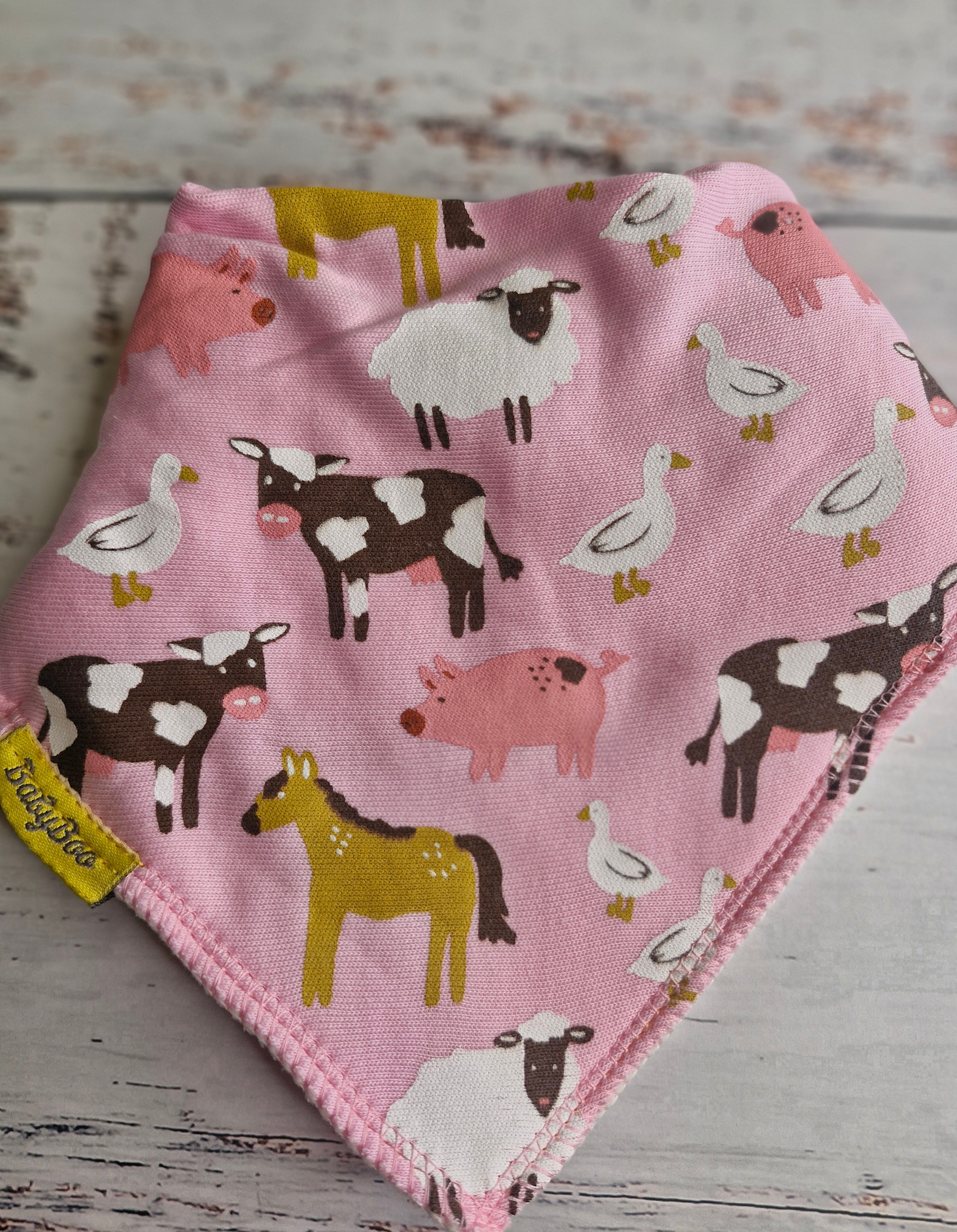 Barnyard Buddies pink organic cotton DribbleBoo bandana bib