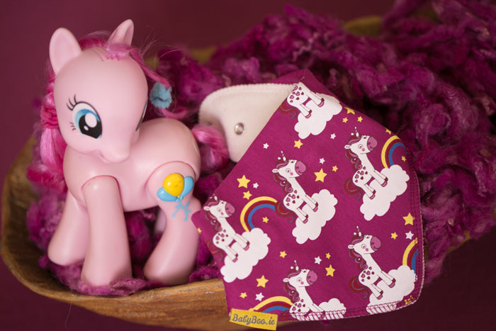 Plum unicorns & rainbows organic cotton DribbleBoo bandana bib