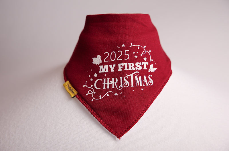 2025 first Christmas organic cotton DribbleBoo bandana bib (burgundy)