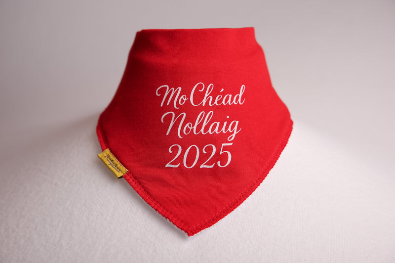 Red Chéad Nollaig 2025 organic cotton DribbleBoo bandana bib