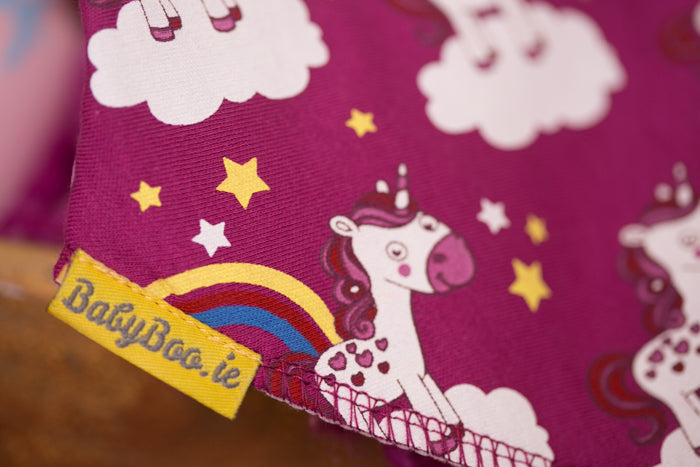 Plum unicorns & rainbows organic cotton DribbleBoo bandana bib