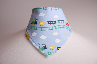 Choo choo trains baby blue organic cotton DribbleBoo bandana bib