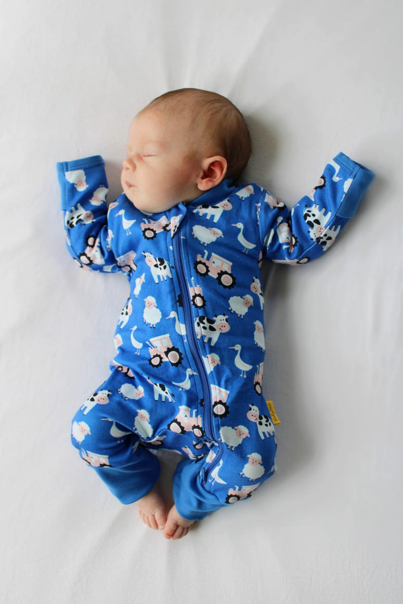 Blue Farmyard organic cotton ZippyBoo suit