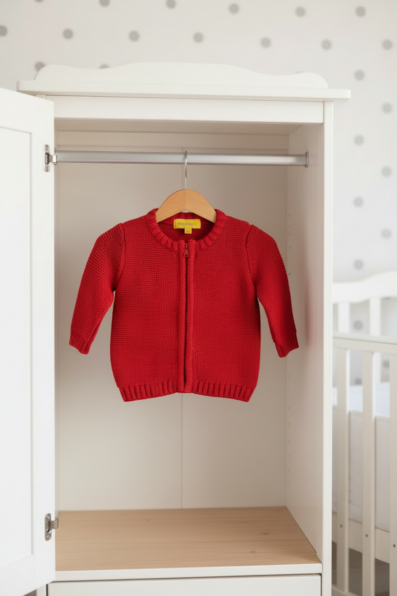 Red organic cotton zipped cardigan