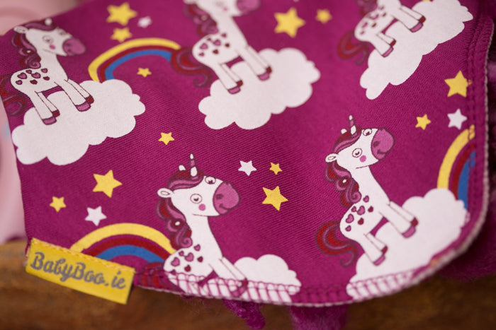 Plum unicorns & rainbows organic cotton DribbleBoo bandana bib