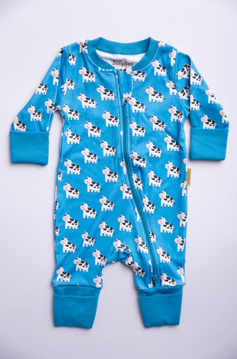 Blue Bessie Cow organic cotton ZippyBoo suit