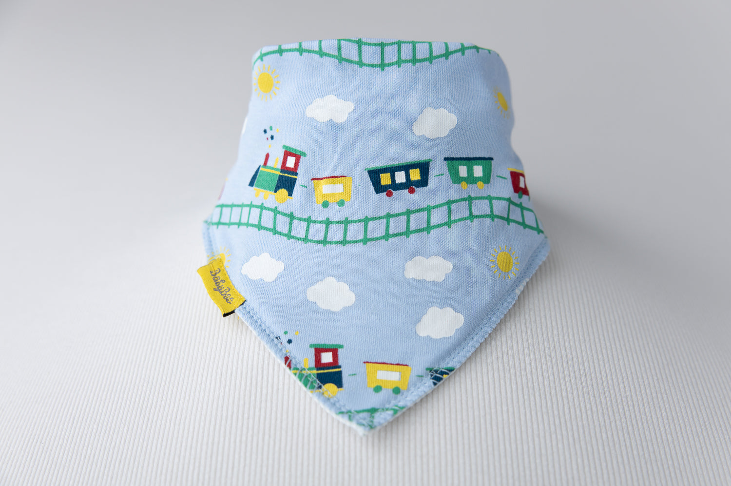 Choo choo trains baby blue organic cotton DribbleBoo bandana bib