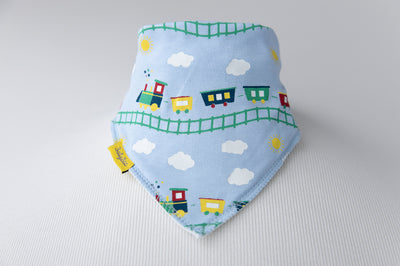 Choo choo trains baby blue organic cotton DribbleBoo bandana bib